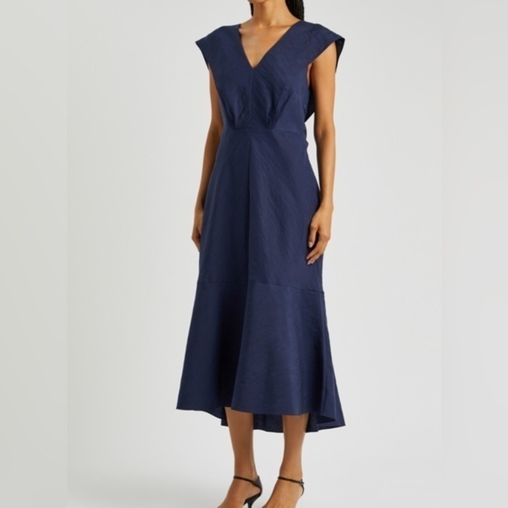 Vince Navy Blue Stretch-Lyocell Tie Flutter Sleeve Midi Dress Sz. S NWT!